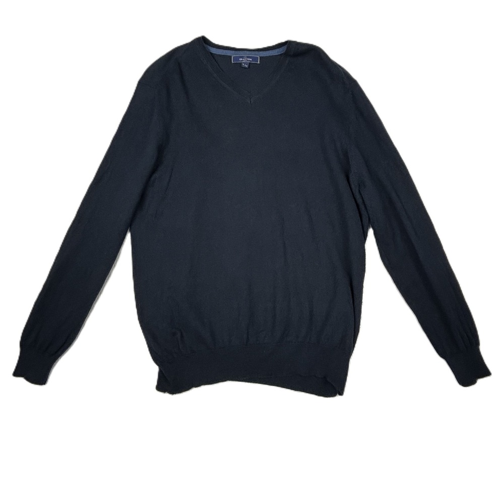 Grafton‎ Sweater Mens Large Navy Blue V Neck Pullover Cotton Cashmere Blend